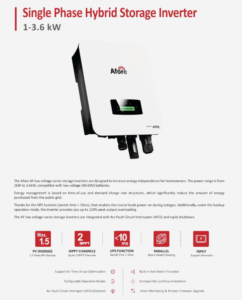 Afore Single Phase Hybrid Inverter 1-3.6kw