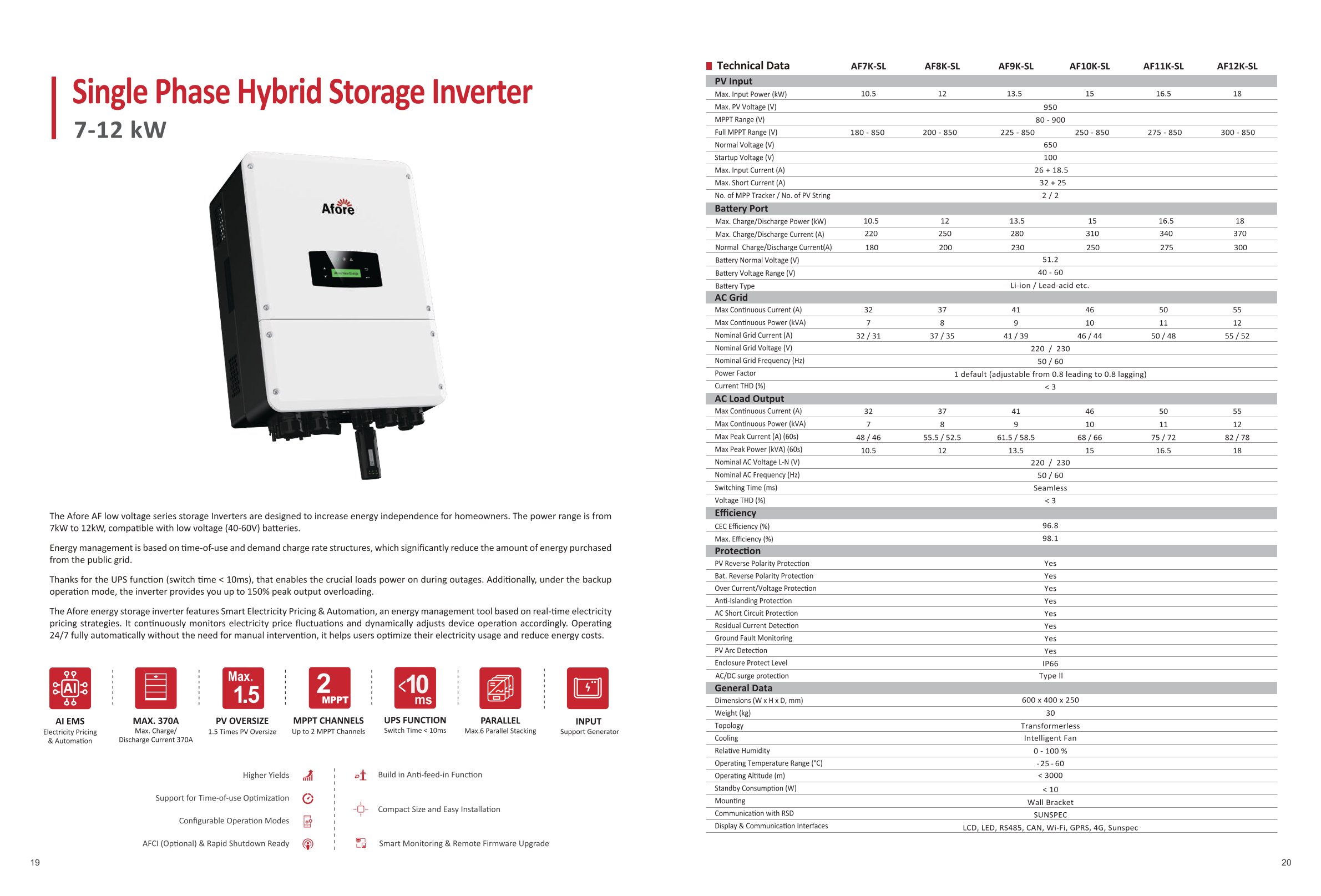 Afore Single Phase Hybrid Inverter 7-12kw