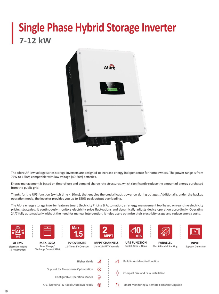 Afore Single Phase Hybrid Inverter 7-12kw
