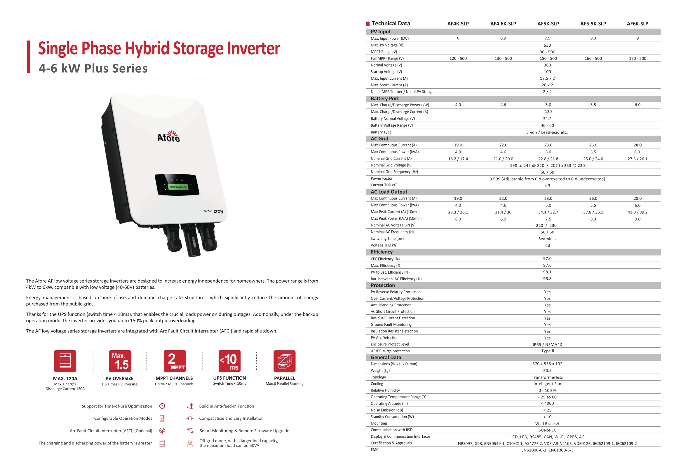 Afore Single Phase Hybrid Inverter 4-6kw